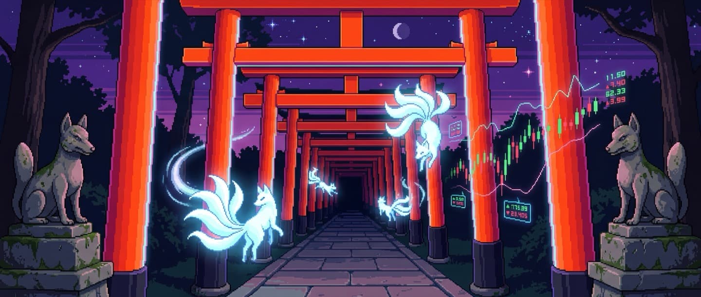 Inari shrine torii gates with kitsune spirits and trading data